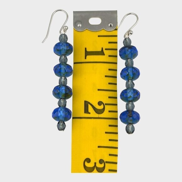 Faceted Cobalt Blue Linear Beaded Earrings Czech Glass Platinum Plated Ear Wires - Picture 7 of 8